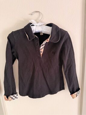 Burberry Kids 5t Black Long-Sleeve Polo with Signature plaid Trim